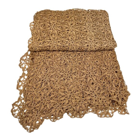 Vintage Handmade Intricate Lace Crocheted Tablecloth 60”x72” Tan Scalloped - Picture 11 of 11